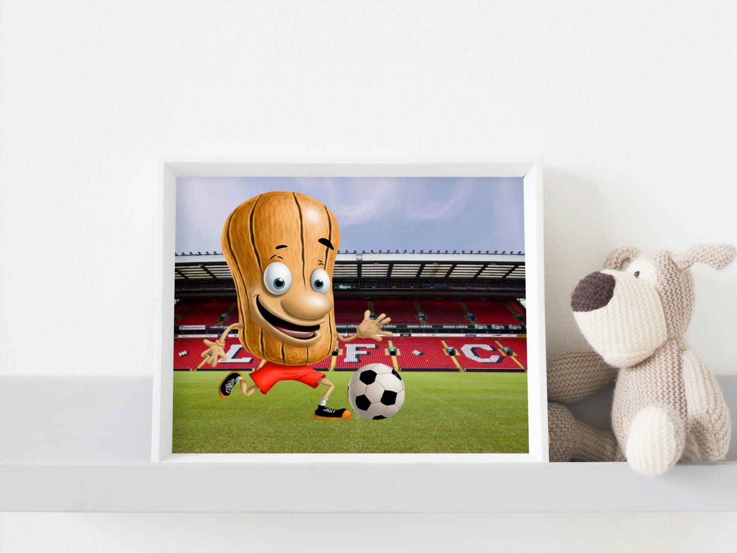 Fun image of a football "nut" playing at Liverpool's Anfield Stadium - perfect gift for all Liverpool fans