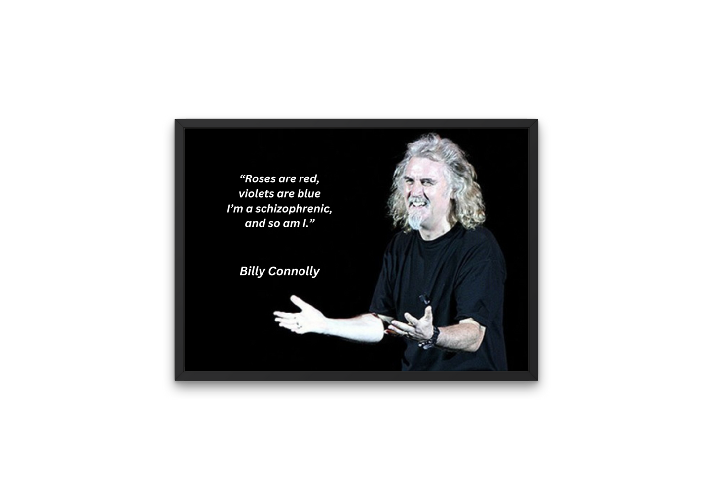 Wall art depiction of Scottish comedian Billy Connolly with roses joke
