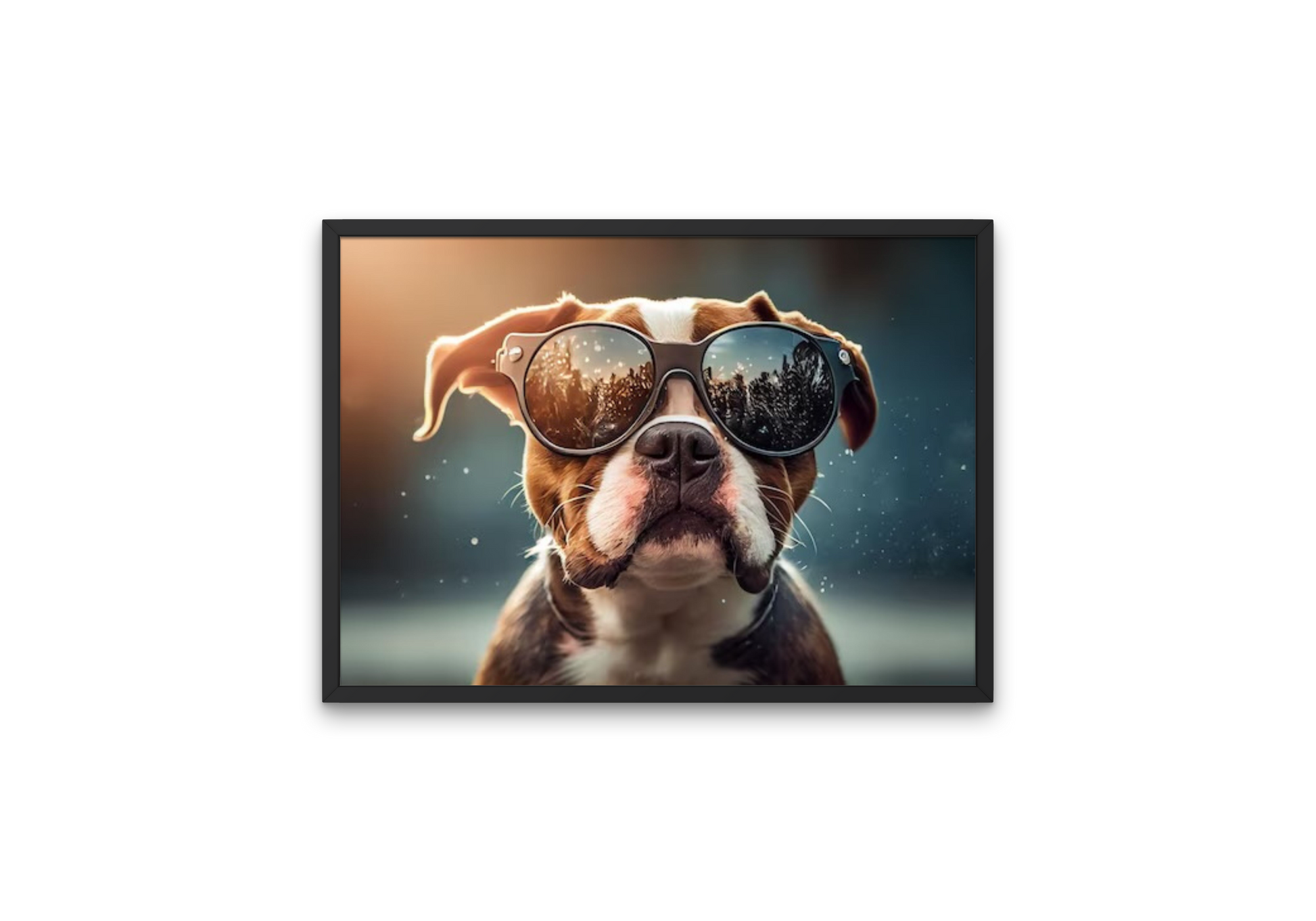 Image of cool dog wearing sunglasses. Perfect wall art for dog lovers