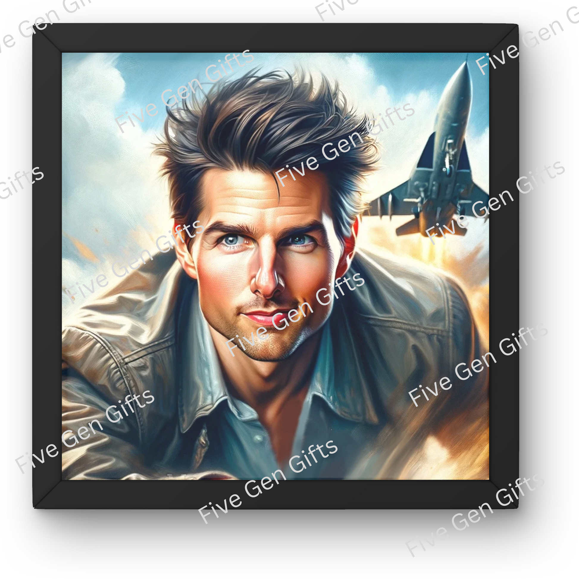 Caricature of Tom Cruise in Top Gun. Created by Andrew Oakely, this is the perfect gift for Tom Cruise fans and action film lovers.