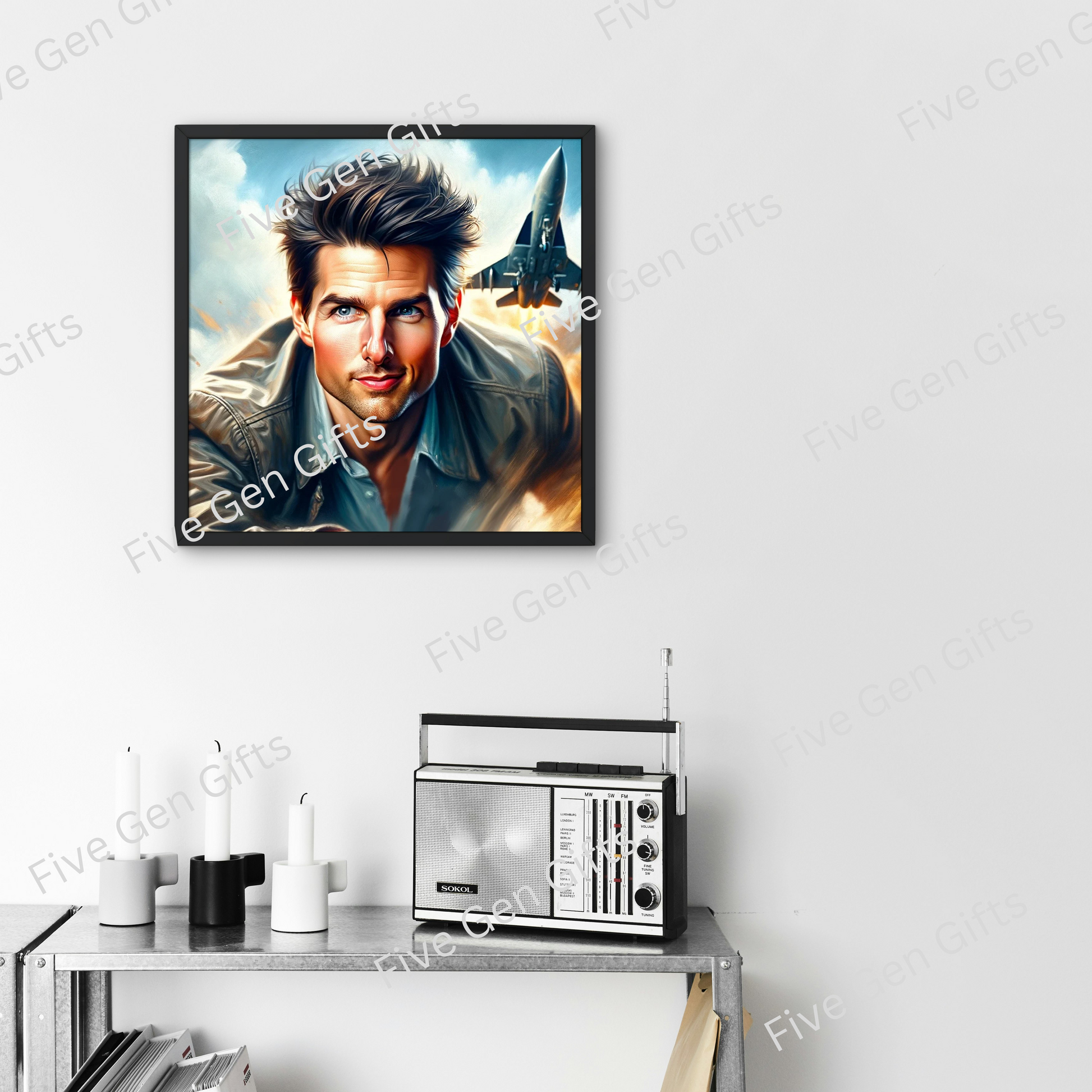 Caricature of Tom Cruise in Top Gun. Created by Andrew Oakely, this is the perfect gift for Tom Cruise fans and action film lovers.