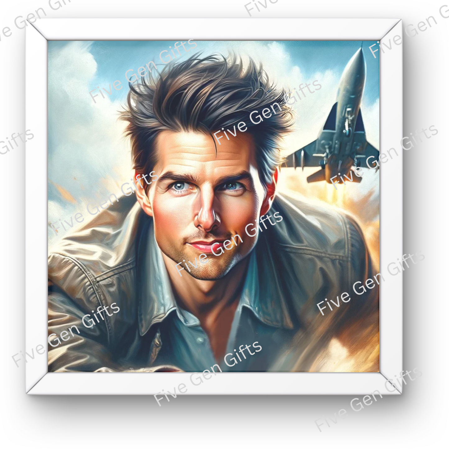 Caricature of Tom Cruise in Top Gun. Created by Andrew Oakely, this is the perfect gift for Tom Cruise fans and action film lovers.