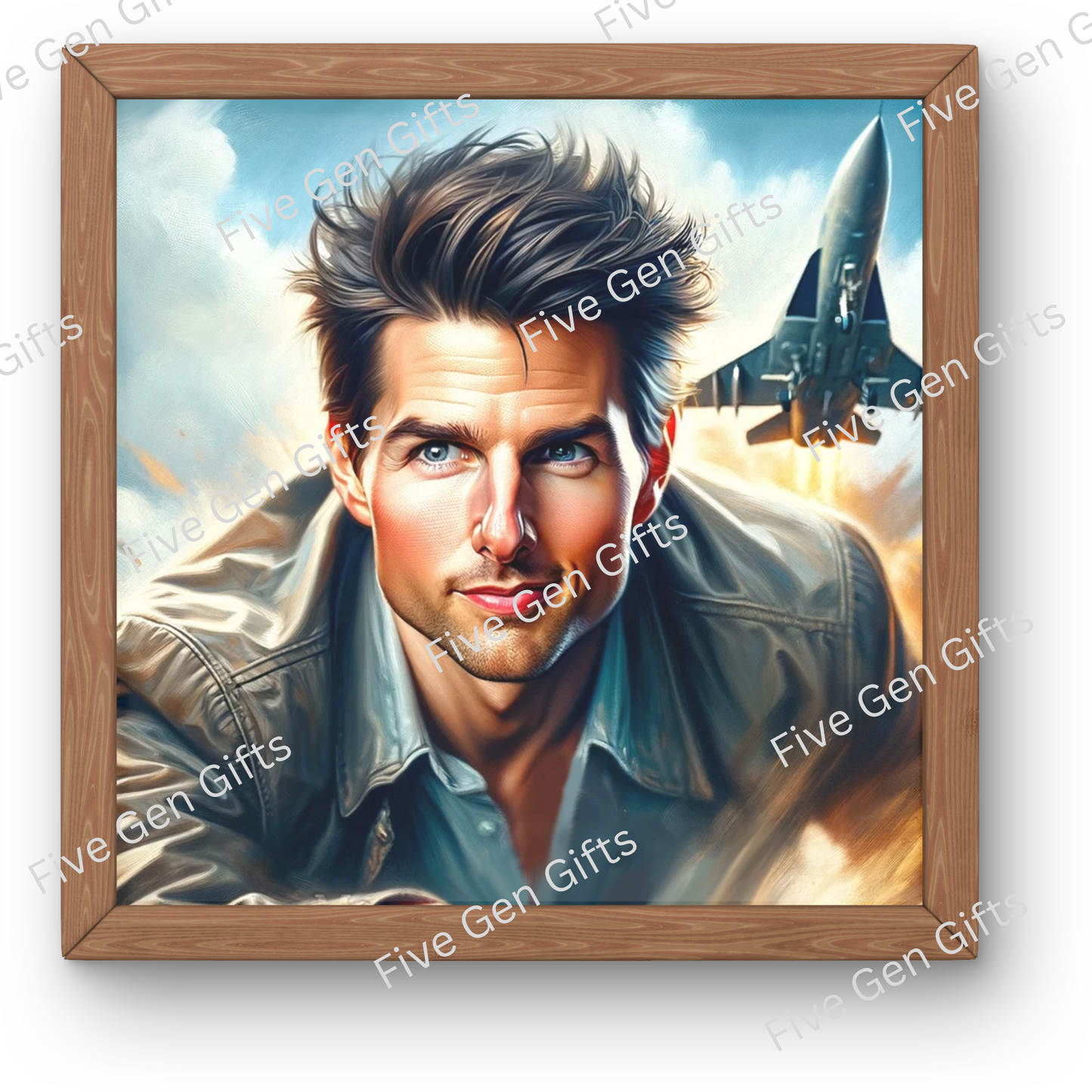 Caricature of Tom Cruise in Top Gun. Created by Andrew Oakely, this is the perfect gift for Tom Cruise fans and action film lovers.