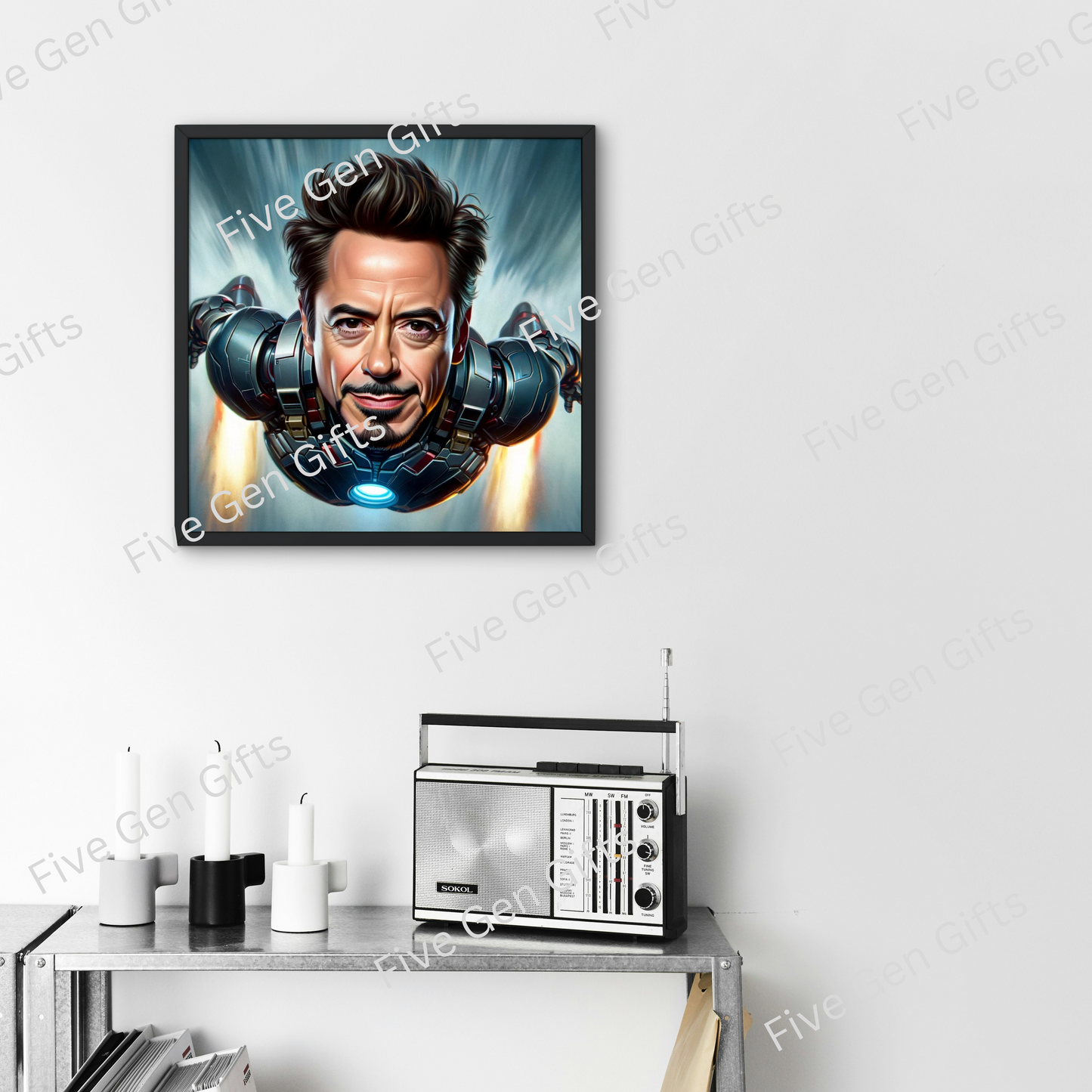 Image of a Robert Downey Jr. caricature in his defining Ironman role. The perfect gift for movie lovers 