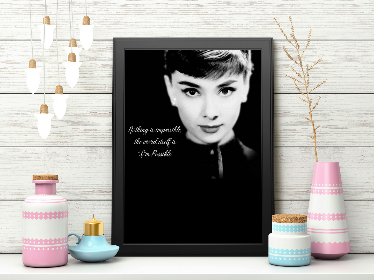 Iconic high-quality image of Audrey Hepburn with motivational quote. Perfect for wall art.