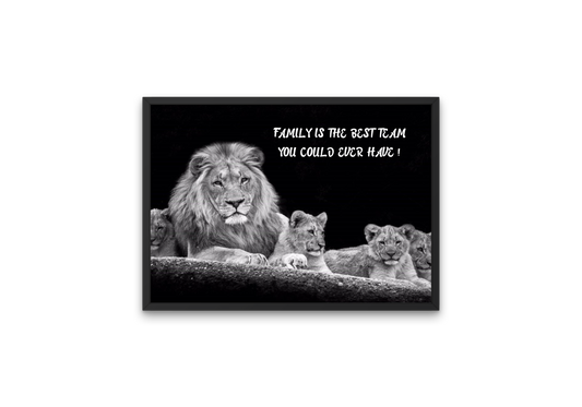 image of a male lion with his cubs - and featuring the motto "family is the best team you ever have"