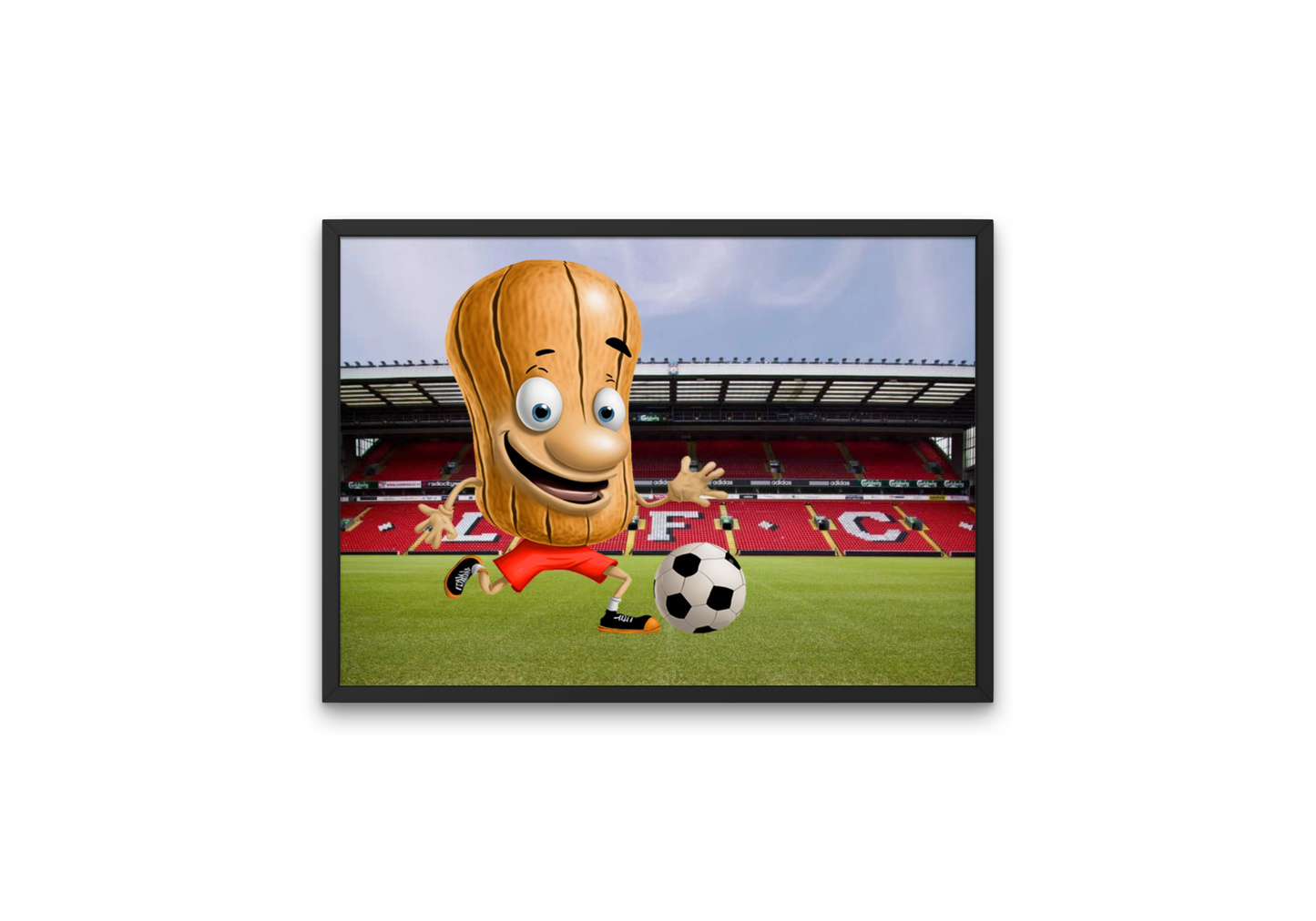 Fun image of a football "nut" playing at Liverpool's Anfield Stadium - perfect gift for all Liverpool fans