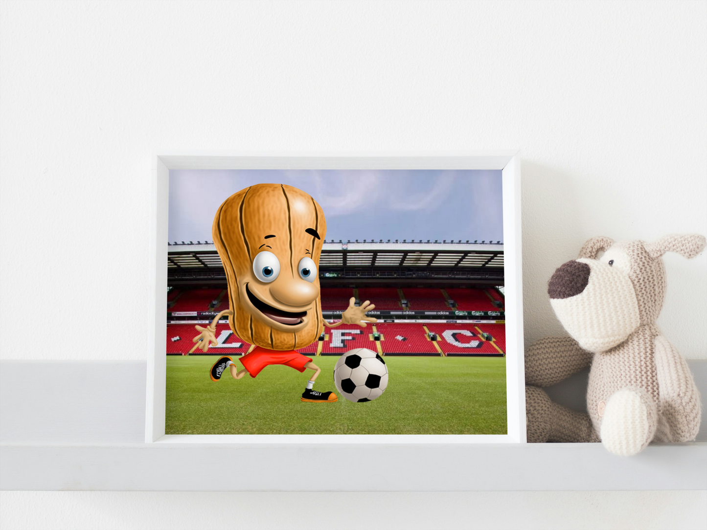 Fun image of a football "nut" playing at Liverpool's Anfield Stadium - perfect gift for all Liverpool fans 