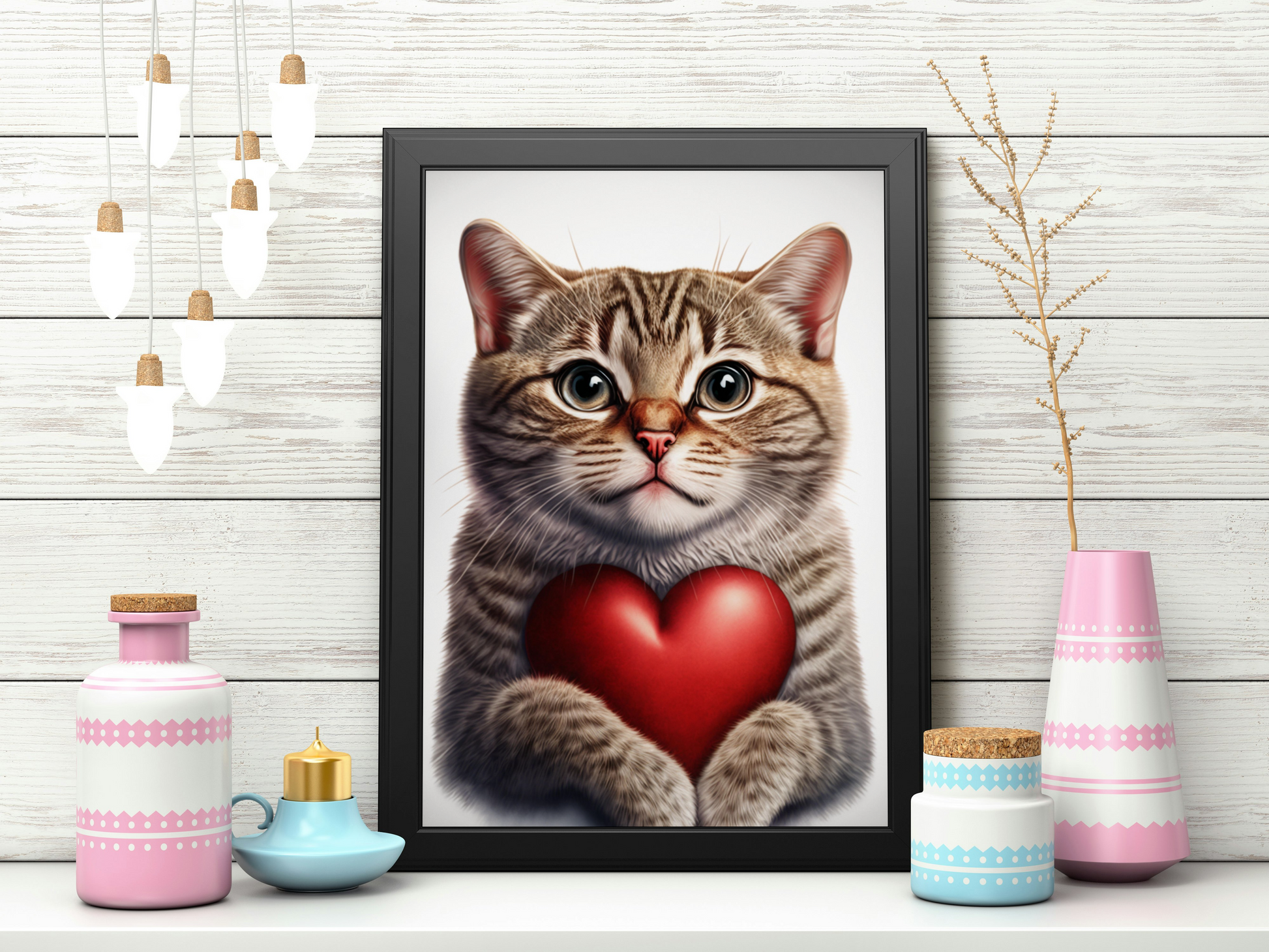 Picture of cute kitten cradling a "love heart". the perfect gift for all cat lovers 