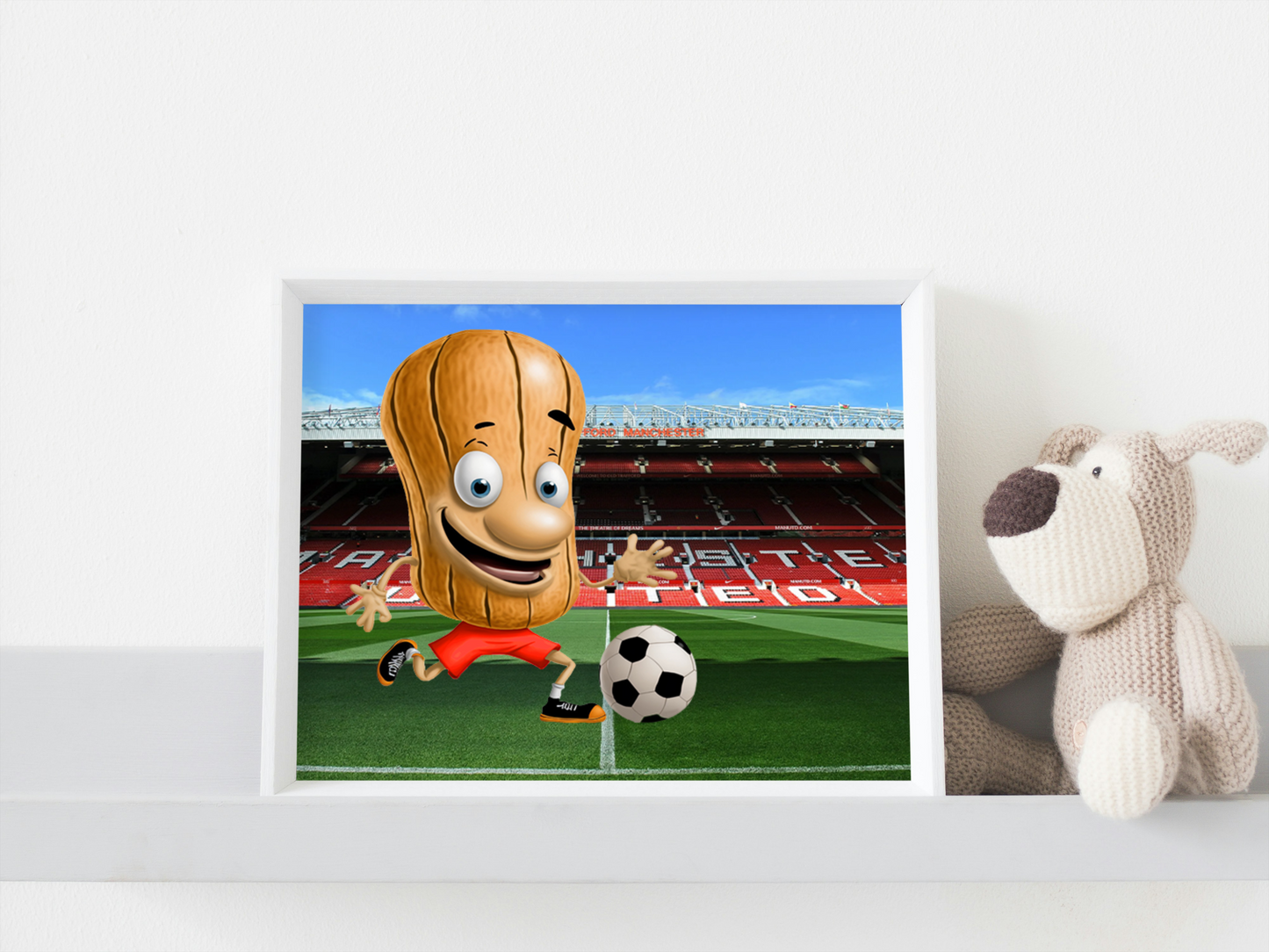 Unique and fun image of a football "nut" playing at Old Trafford. This high-quality wall art is the perfect gift for football lovers and Manchester United fans