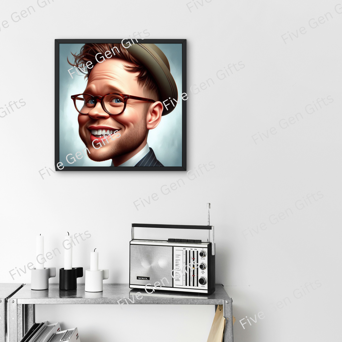 Image depicting a caricature of Olly Murs by renowned artist Andrew Oakley. The perfect gift for fans of Olly Murs