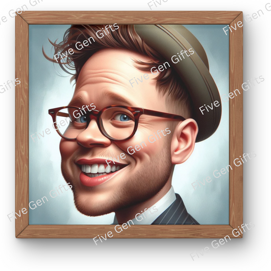 Image depicting a caricature of Olly Murs by renowned artist Andrew Oakley. The perfect gift for fans of Olly Murs