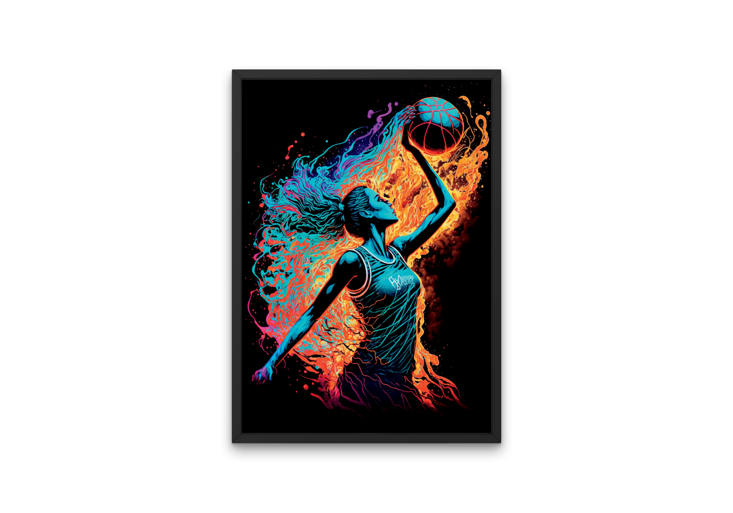 Printable neon poster of a woman dunking a basketball 