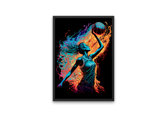 Printable neon poster of a woman dunking a basketball 