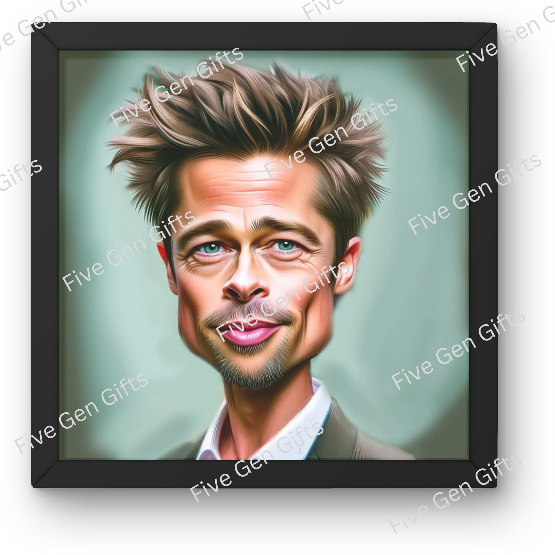 Stunning wall art caricature of Brad Pitt by renowned artist Andrew Oakley