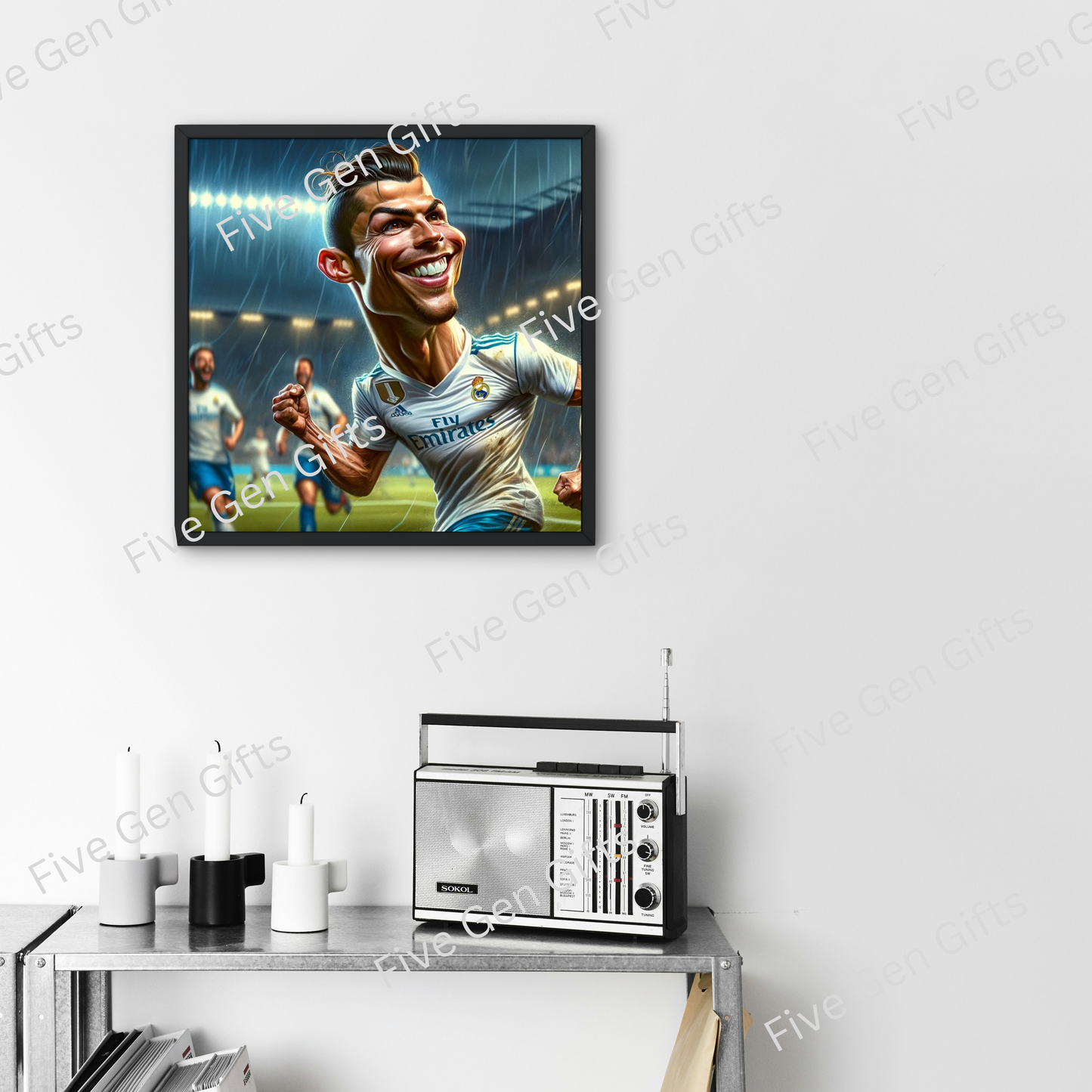 Cristiano Ronaldo celebrating scoring caricature. Perfect gift for football lovers, artwork by renowned artist Andrew Oakley