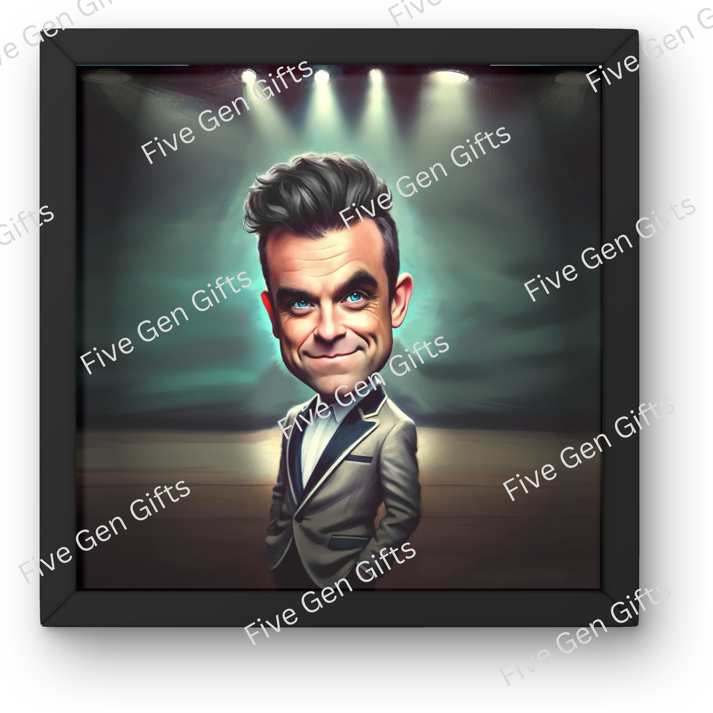 Caricature of Robbie Williams by Andrew Oakely - perfect gift for music lovers