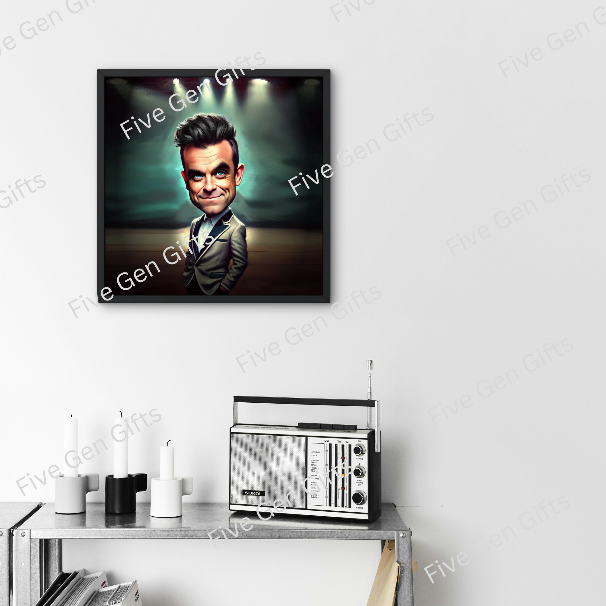 Caricature of Robbie Williams by Andrew Oakely - perfect gift for music lovers