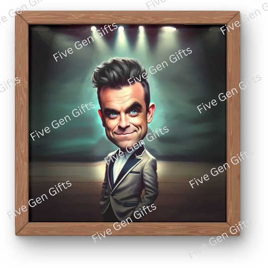 Caricature of Robbie Williams by Andrew Oakely - perfect gift for music lovers