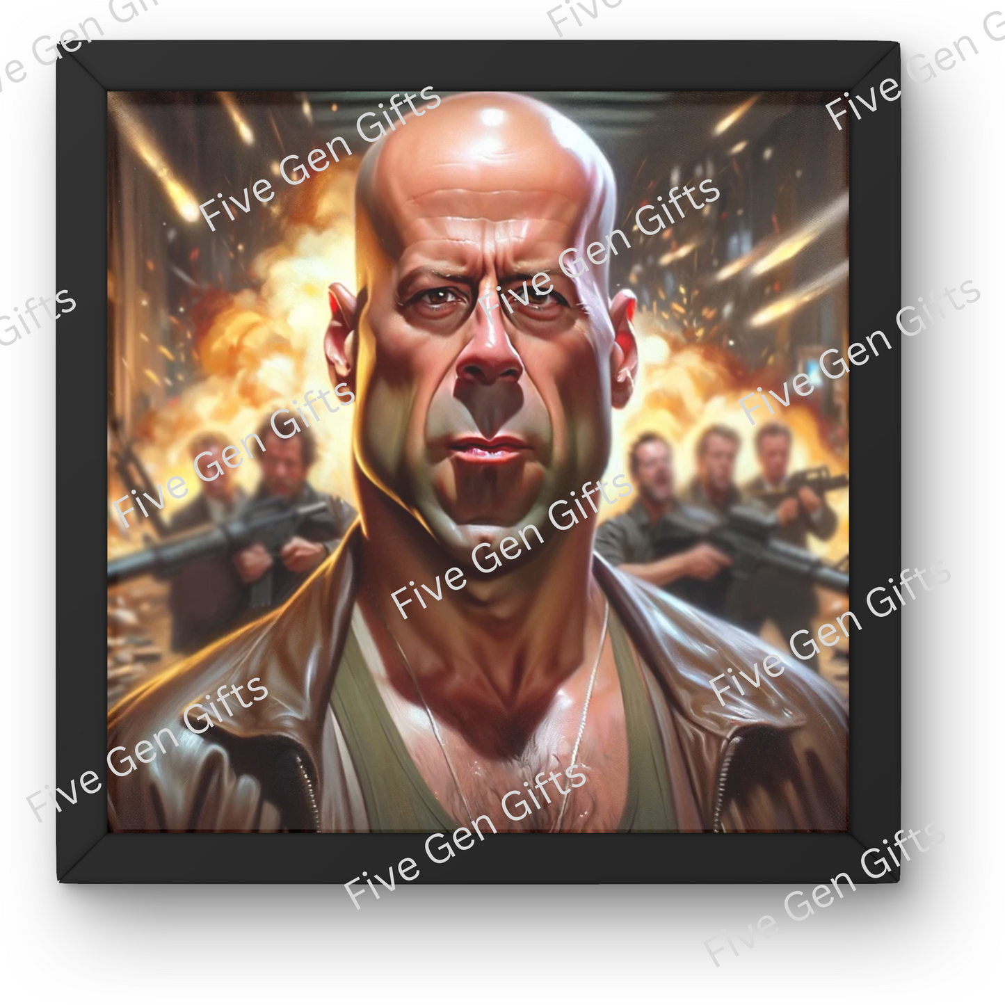 Beautifully crafted Bruce Willis caricature in his iconic Die Hard role. Artwork by renowned artist Andrew Oakley