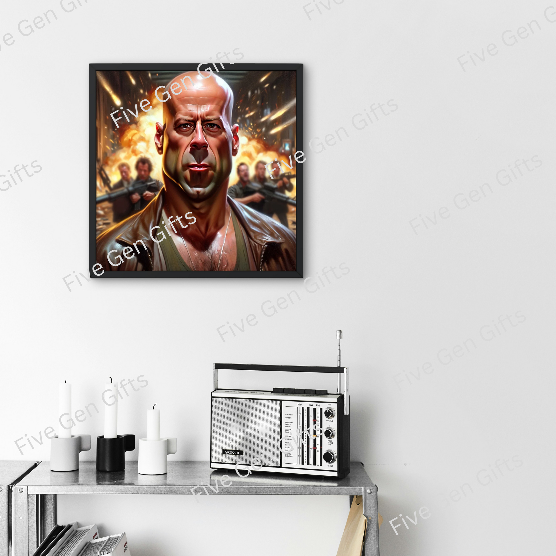 Stunning Bruce Willis caricature in his iconic Die Hard role. Artwork by renowned artist Andrew Oakley