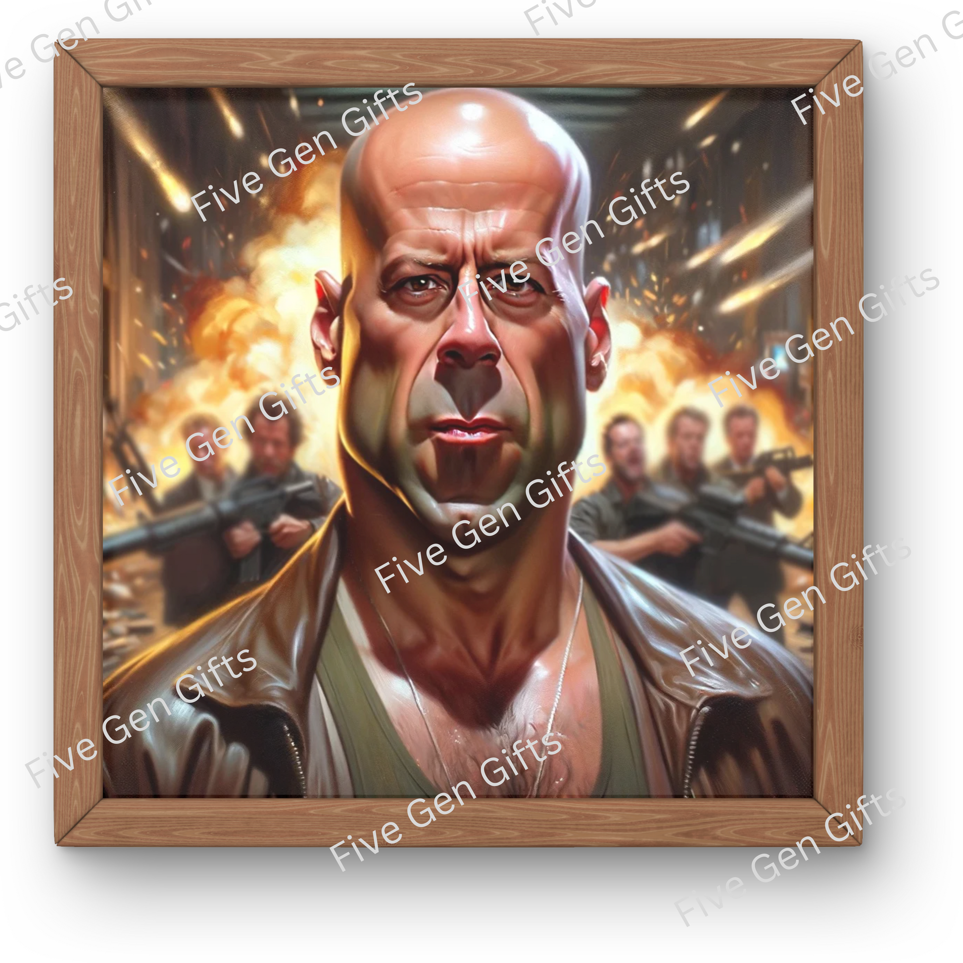 Stunning Bruce Willis caricature in his iconic Die Hard role. Artwork by renowned artist Andrew Oakley