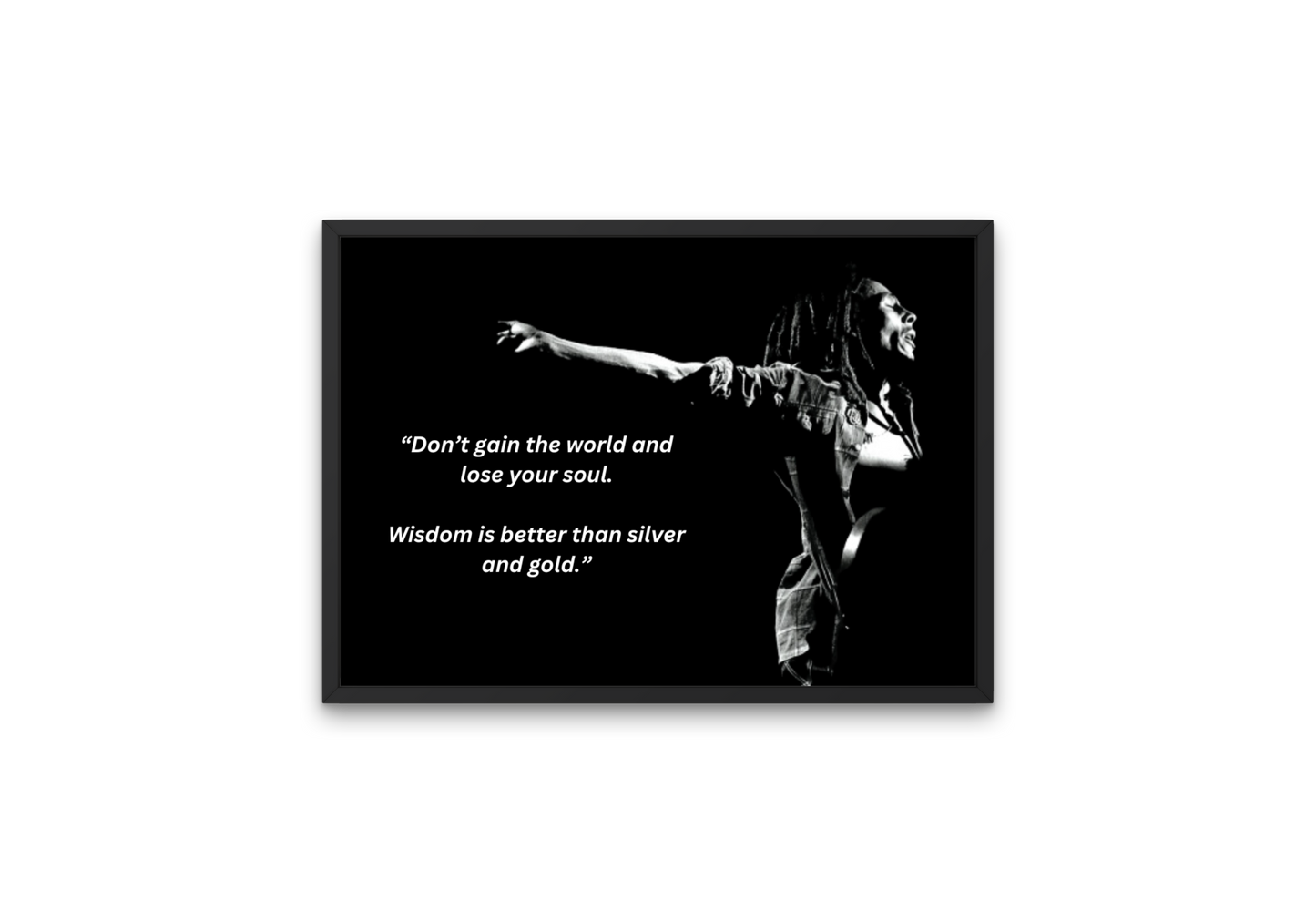 high quality wall art featuring an Iconic image of Bob Marley and  motivational quote